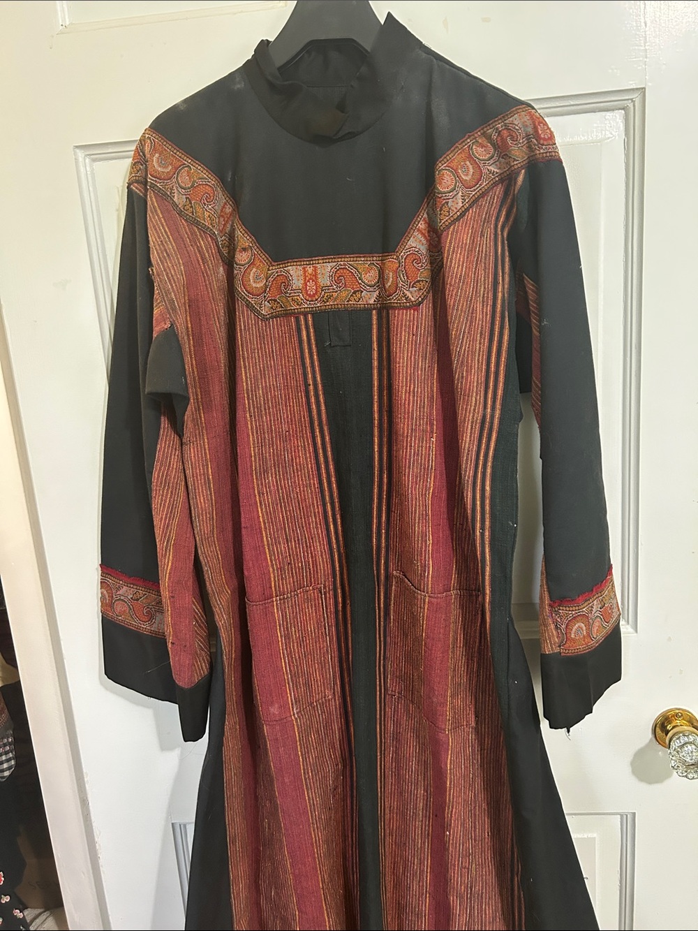 Bohemian Handmade Long Dress with Red and Black Stripes from unique textiles